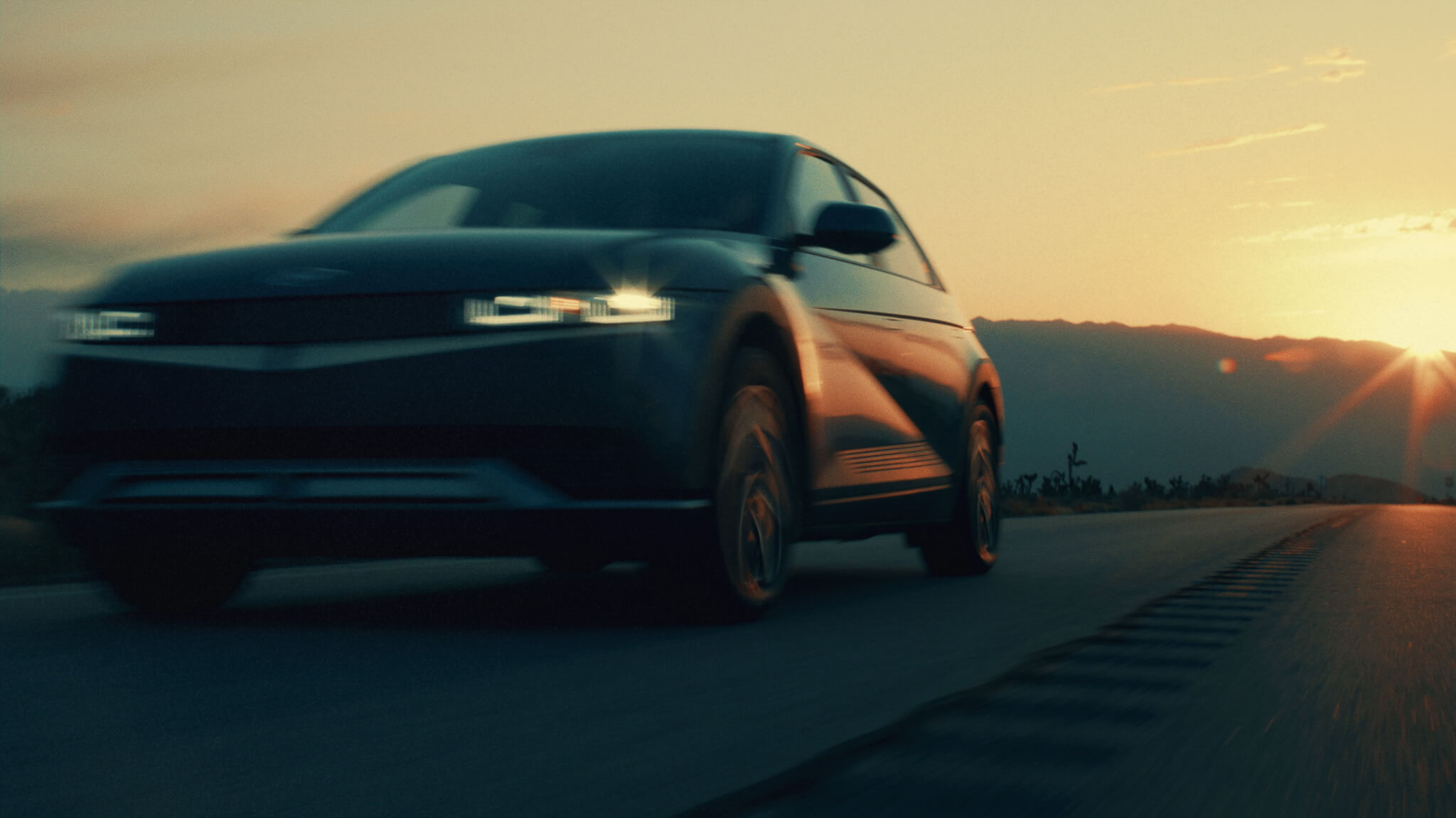 Front of the Hyundai IONIQ 5 up close at sunset