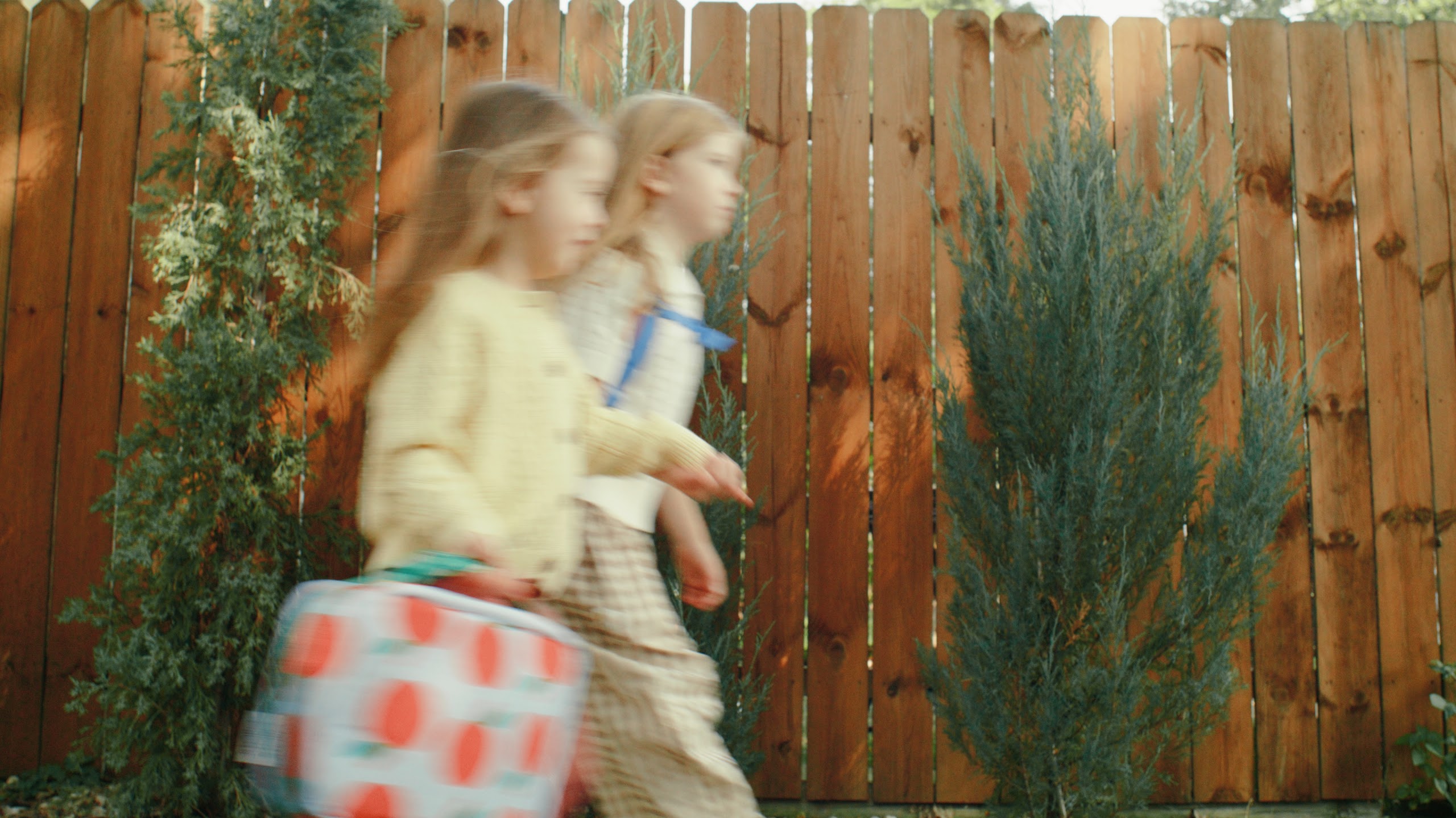 Sisters walking past a wooden fence
