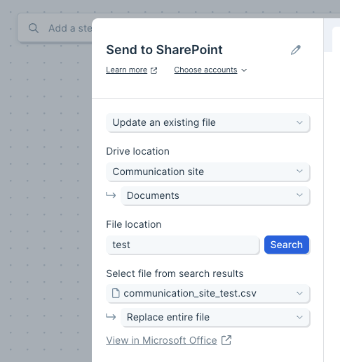 Send to SharePoint: update an existing file