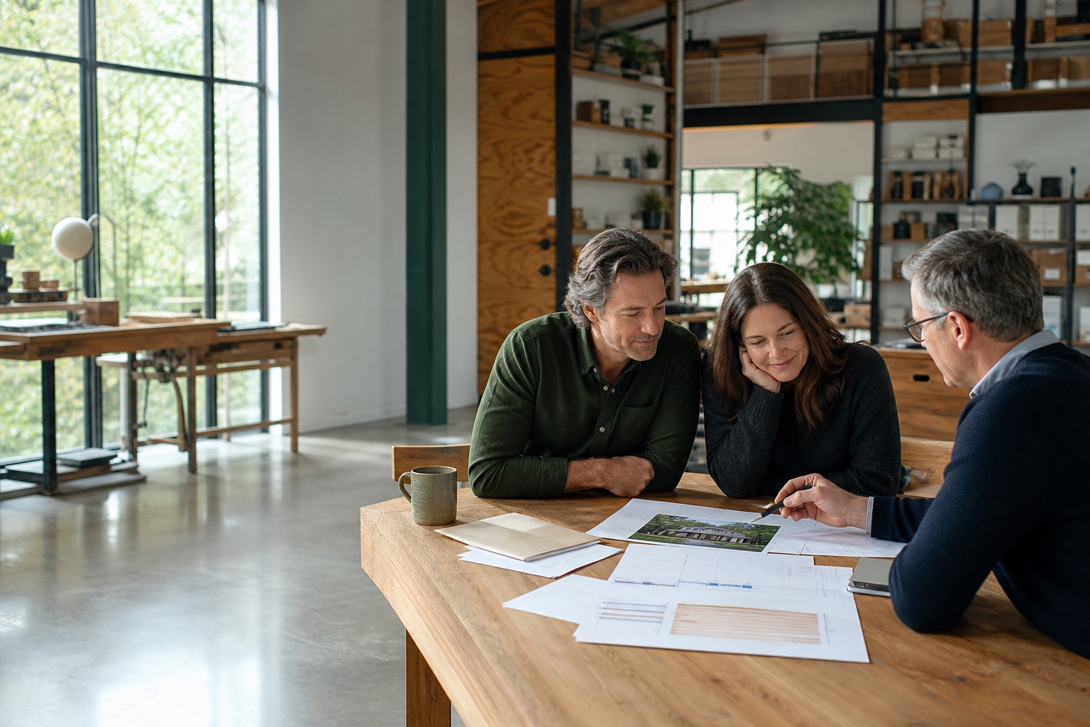 Self-employed business owners reviewing property financing with a mortgage professional