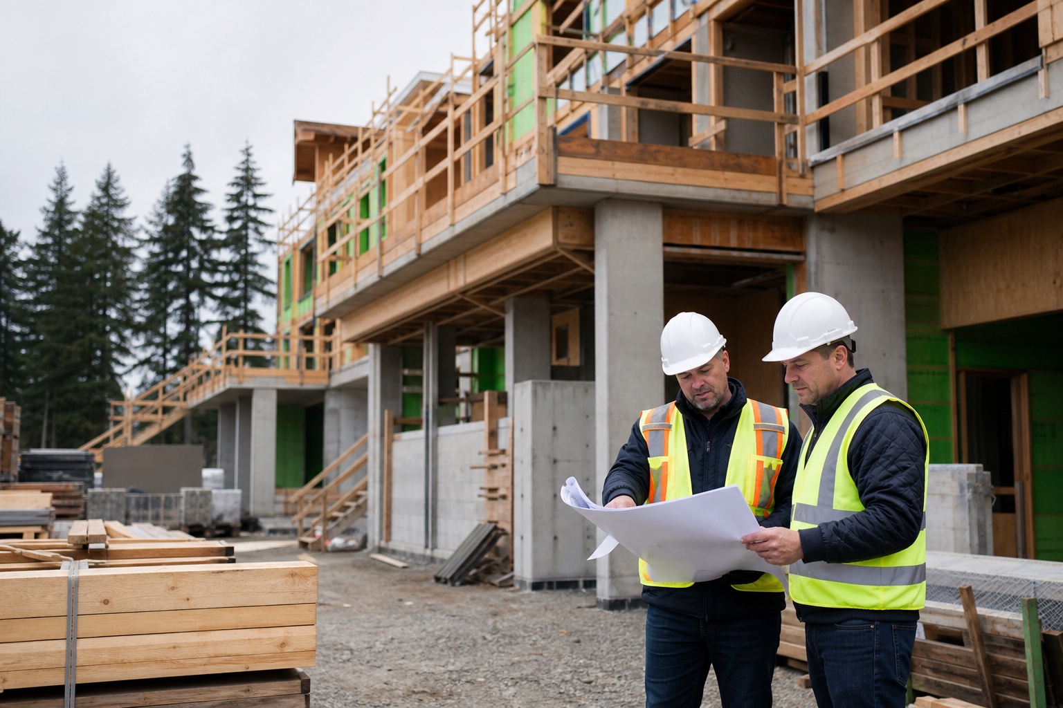 Construction company leaders reviewing plans at an active multifamily project