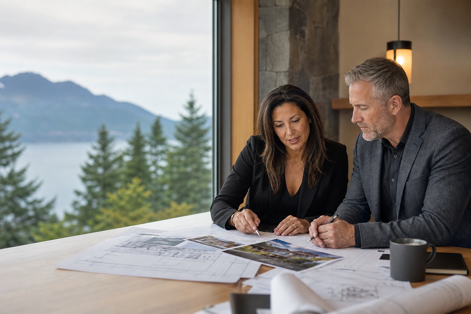 Mortgage professionals reviewing property plans together at a table.