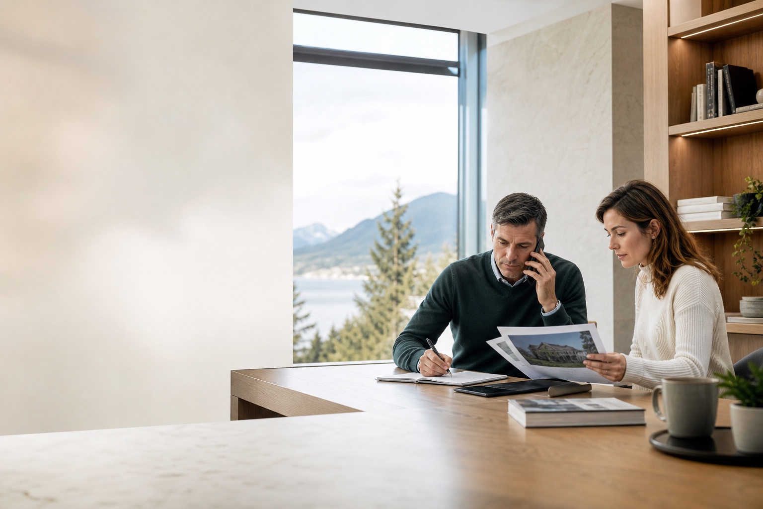 Mortgage professionals responding to a phone enquiry and reviewing property information