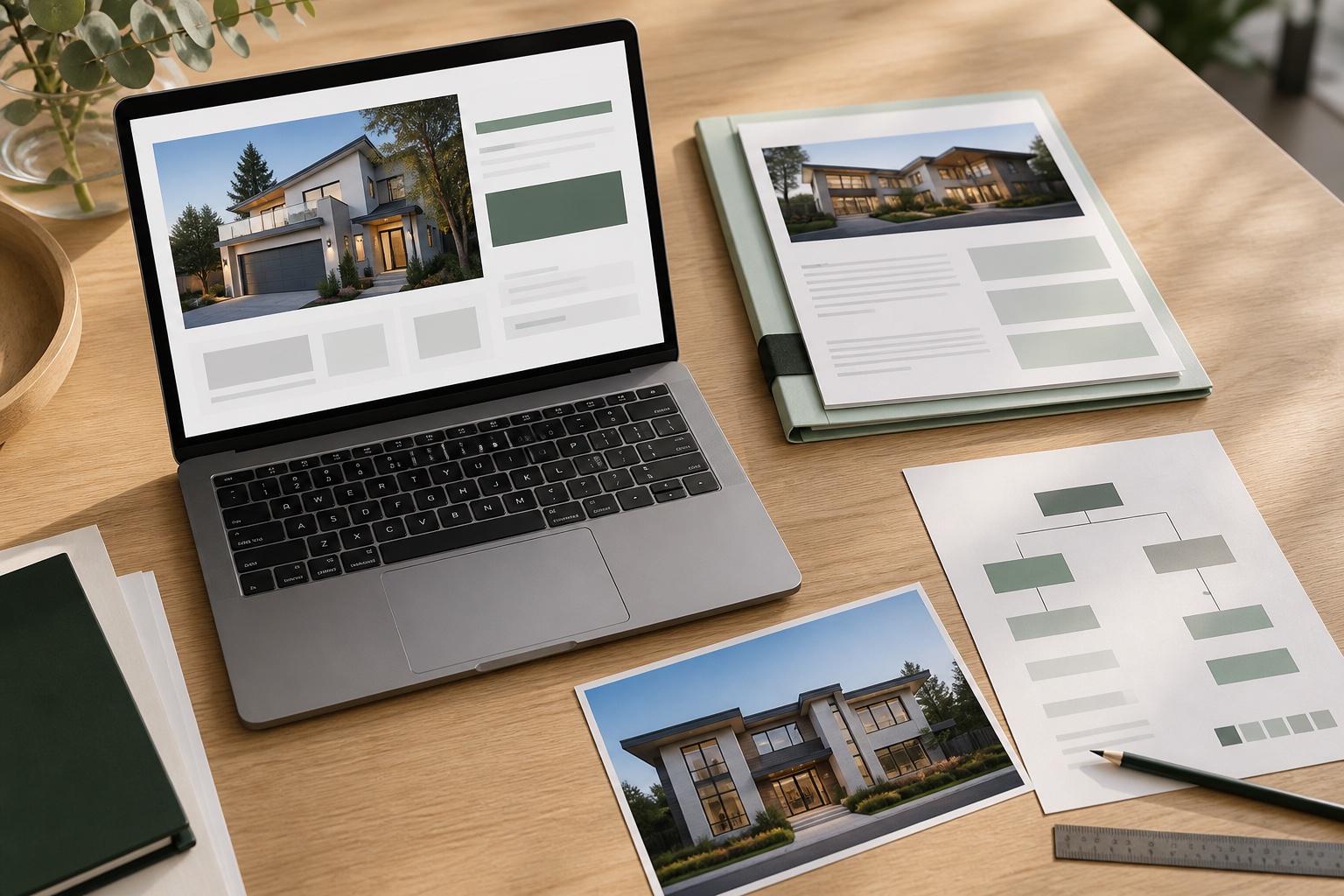 An anonymized mortgage due-diligence file with house photography and a laptop