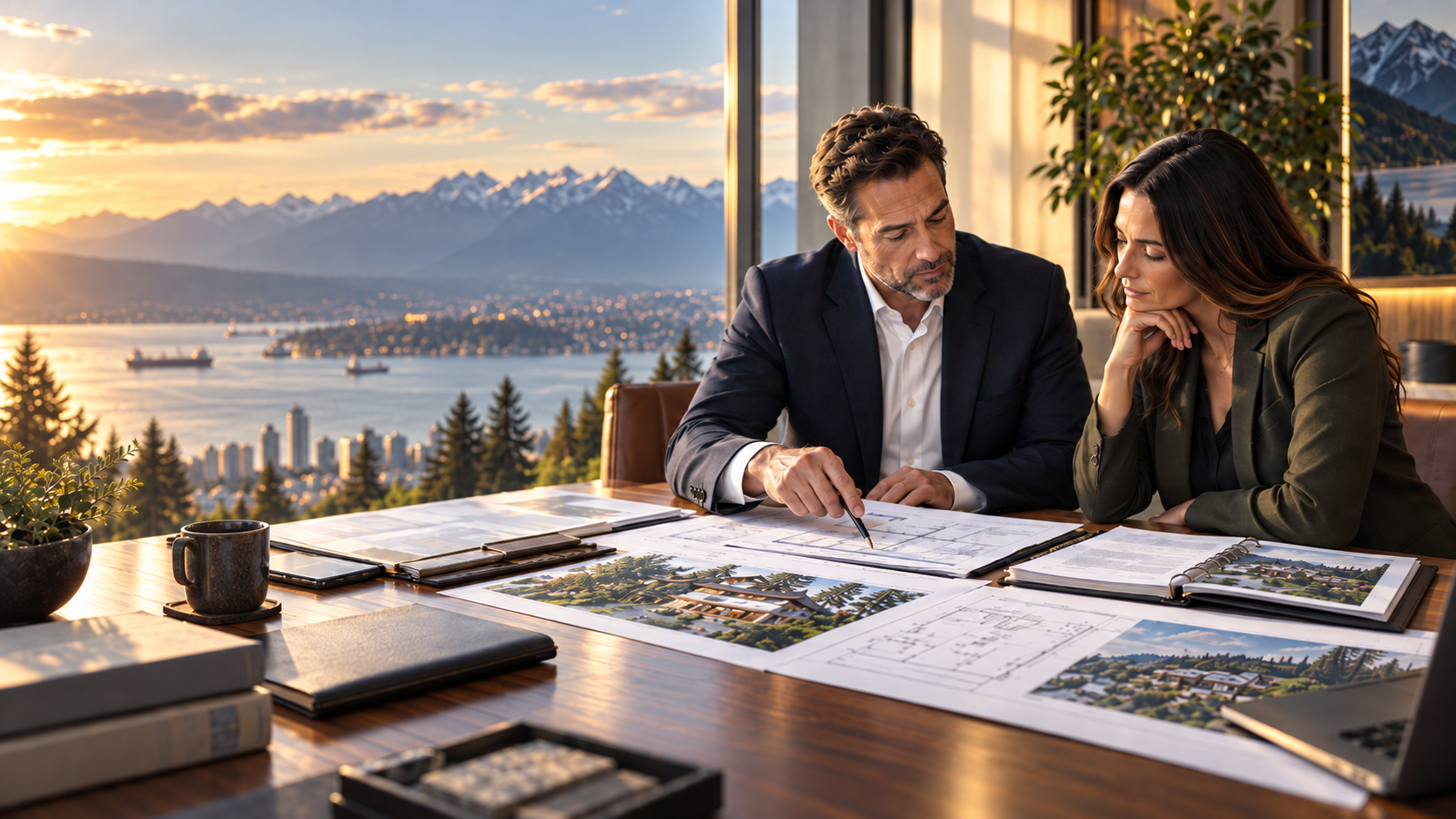 Two mortgage brokers reviewing a property file and plans in a North Vancouver office.