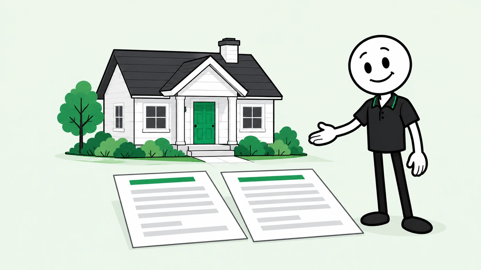 OSM’s stick-man adviser presenting a home and two mortgage documents.