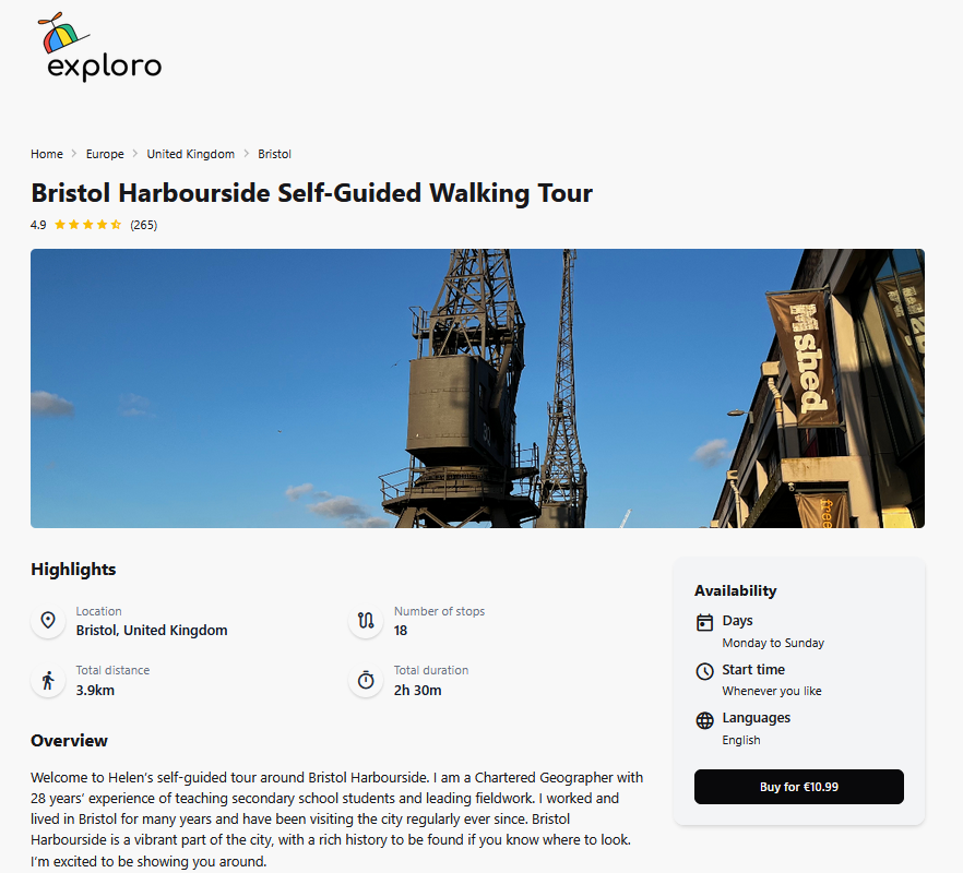 A webpage from Exploro.app showing the Bristol Harbourside tour. There is an image of Bristol Harbourside, showing historic cranes beside the M Shed museum, and highlights of the tour.