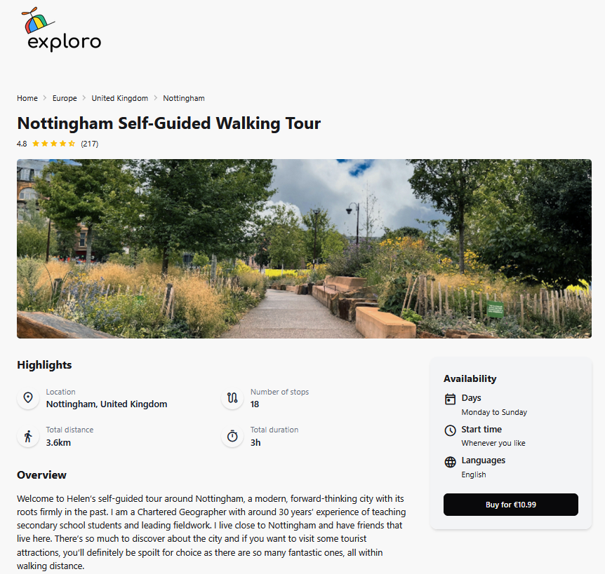 A webpage from Exploro.app showing the Nottingham tour. There is an image of Nottingham, showing the Green Heart, and highlights of the tour.