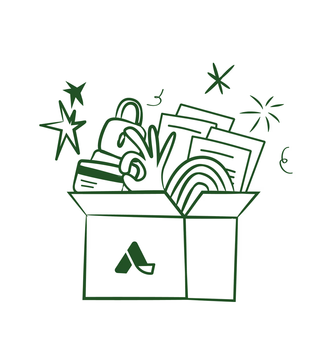 Three characters holding symbols for WhatsApp, email, and a pound sign