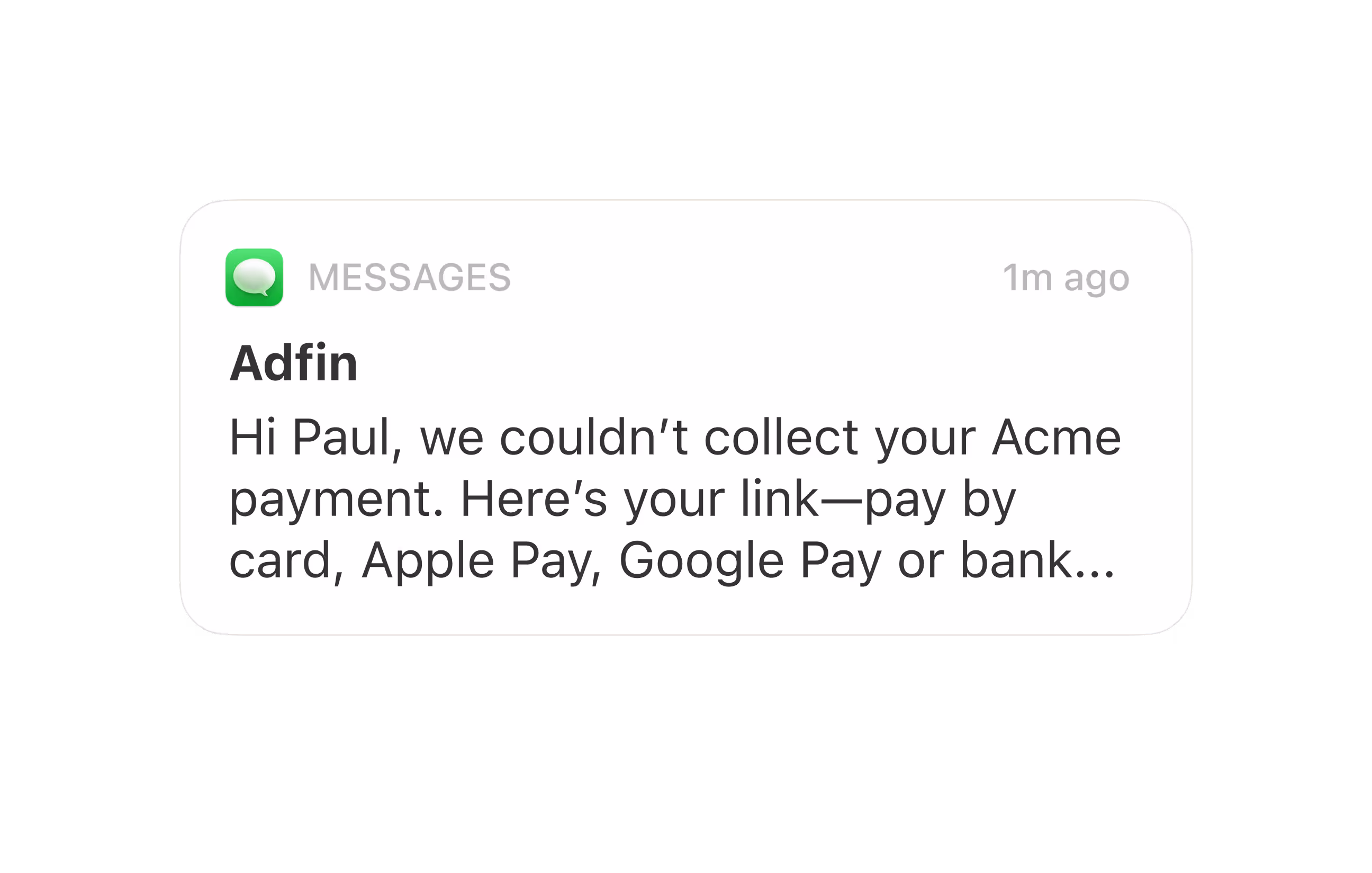 Text message with payment link after failed Direct Debit.