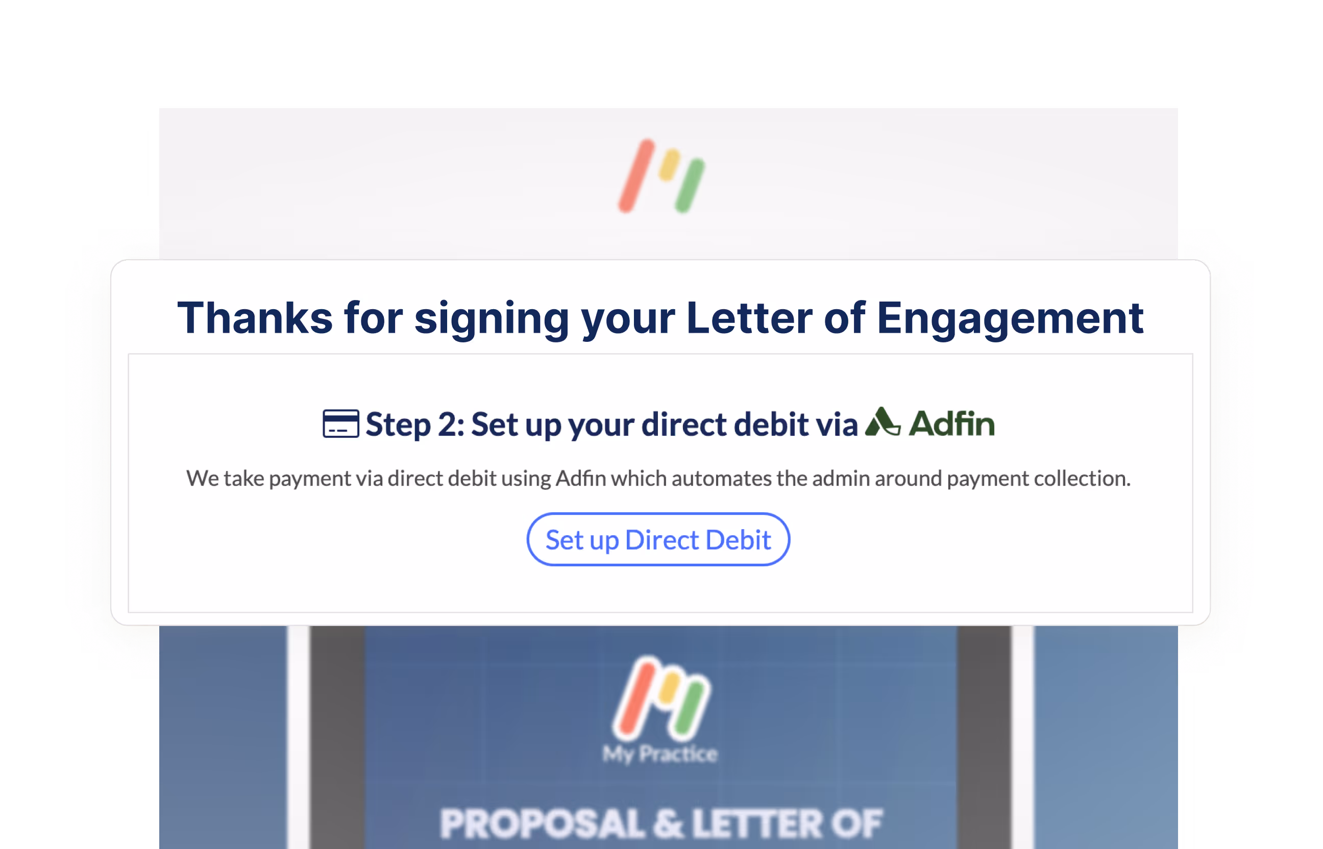Setup prompt for Direct Debit after signing a Letter of Engagement.