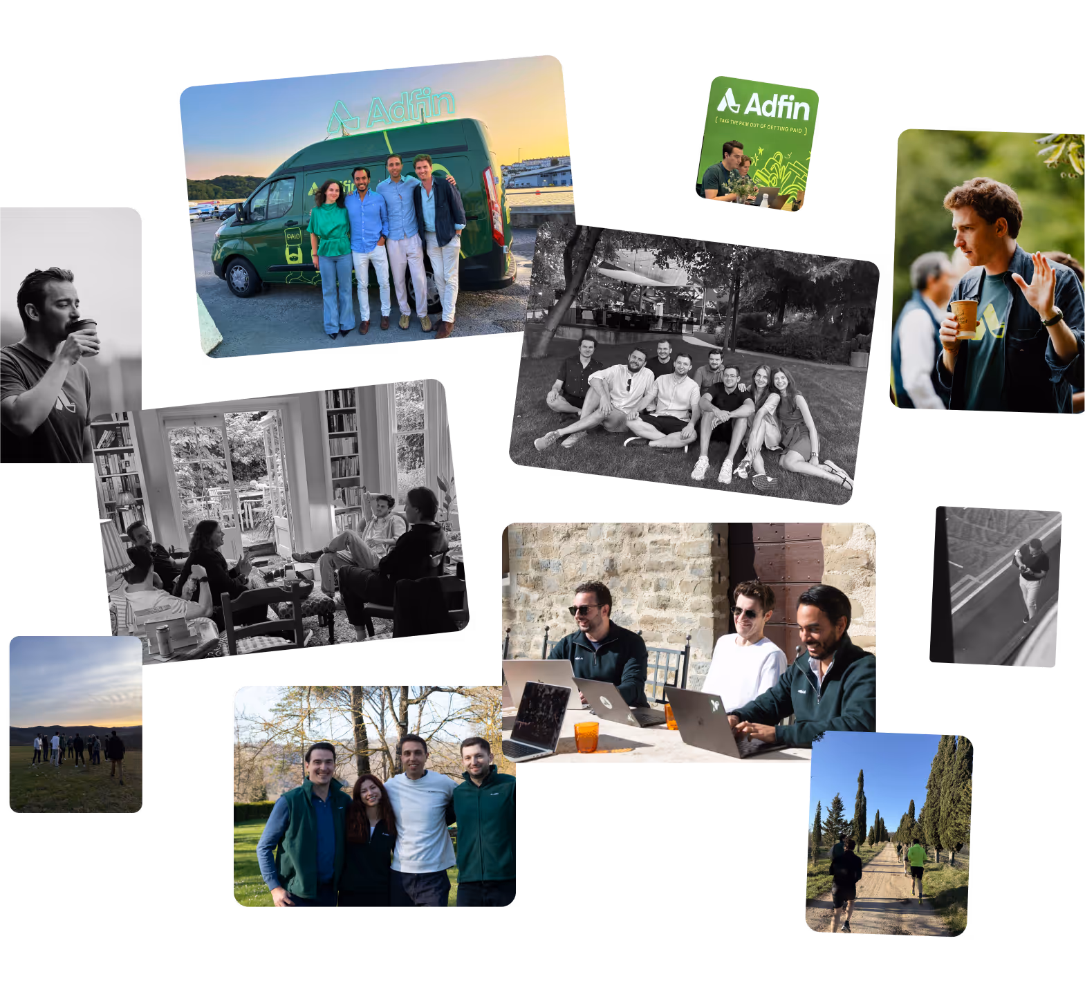 Photos of the Adfin team working, relaxing, and spending time together.