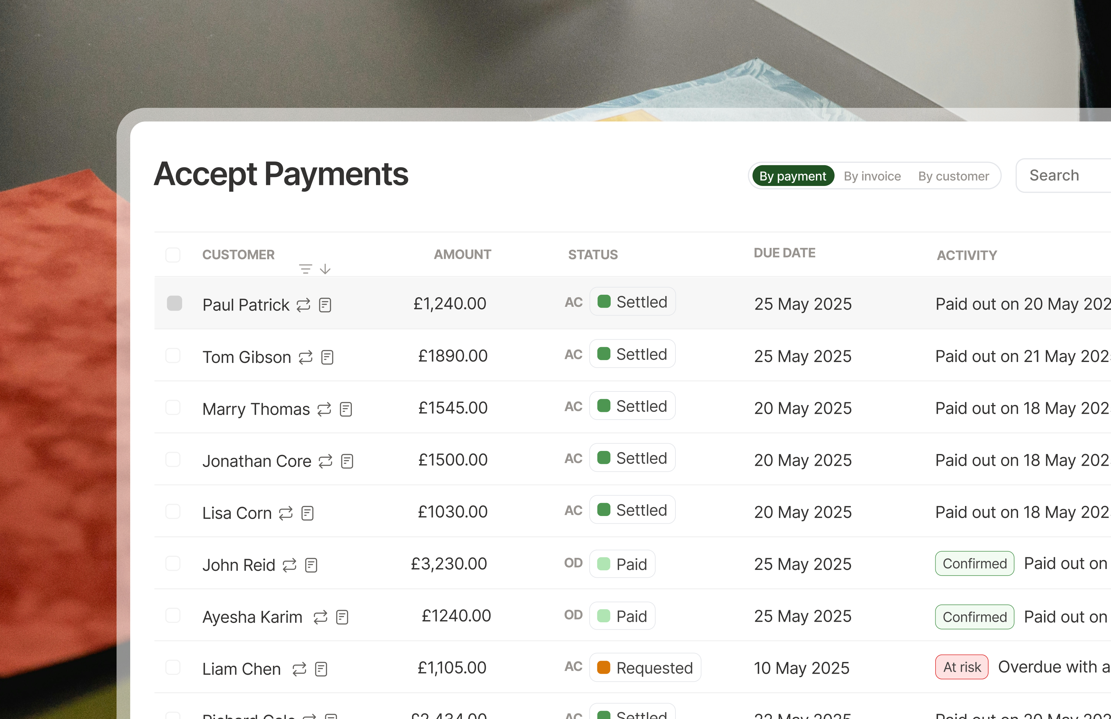 Dashboard showing a list of accepted payments.