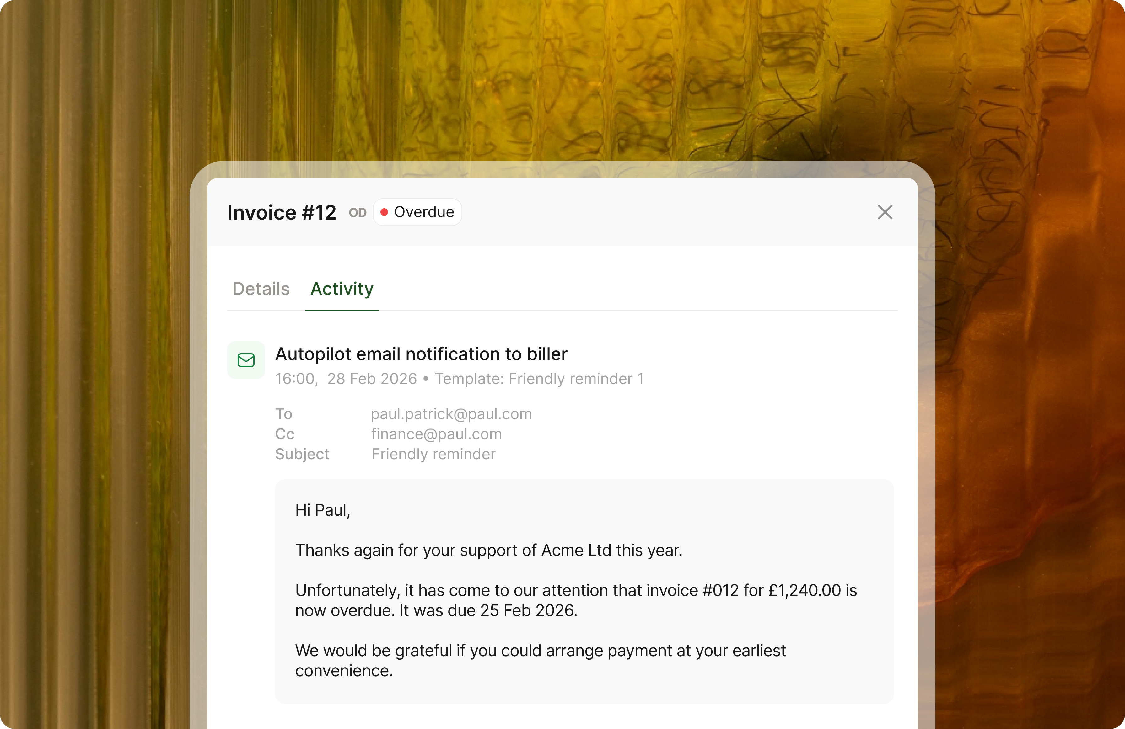 Email interface showing automated payment reminder message.