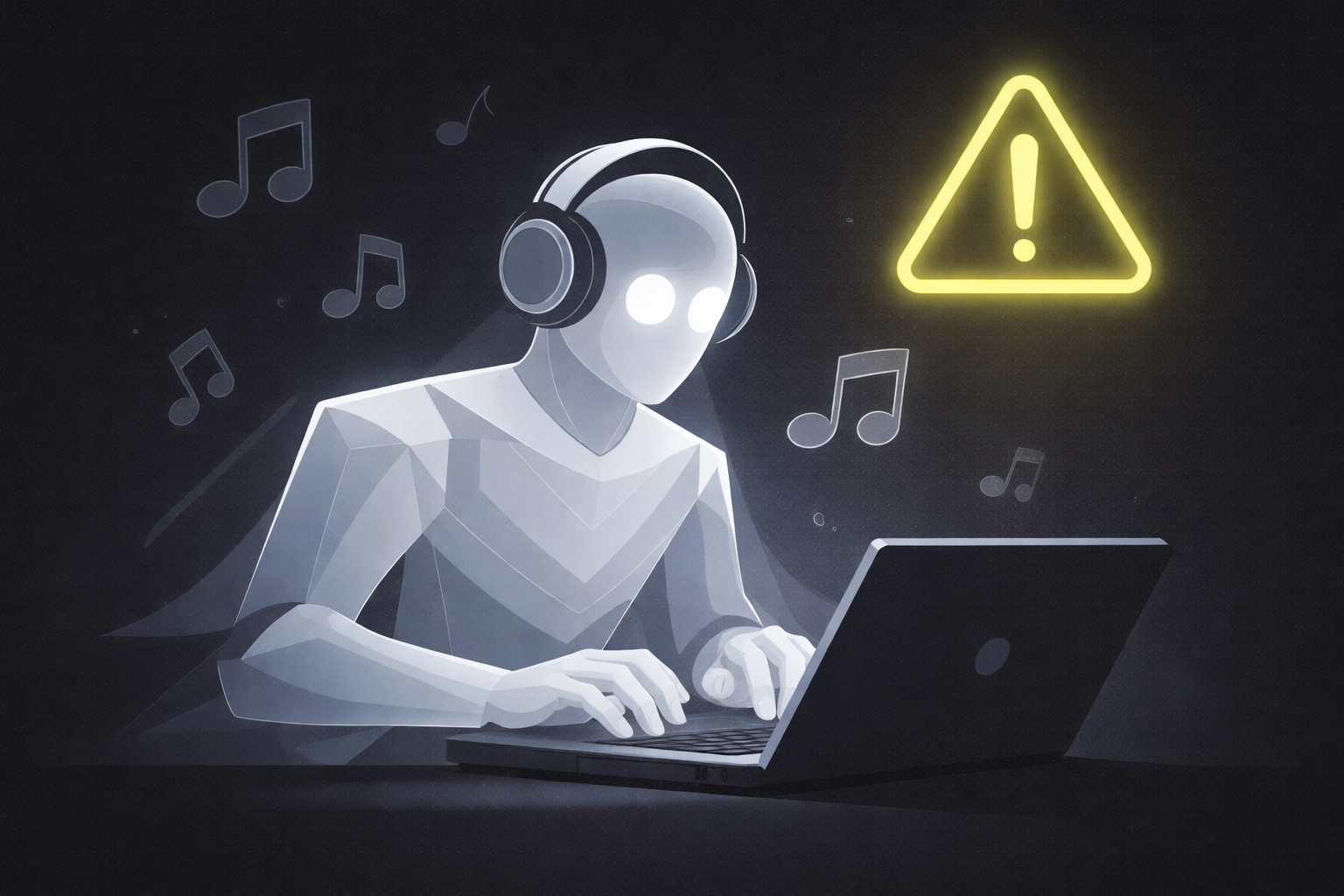 Illustration of fake Spotify listeners at a laptop, warning about bot-filled playlists in music promotion.