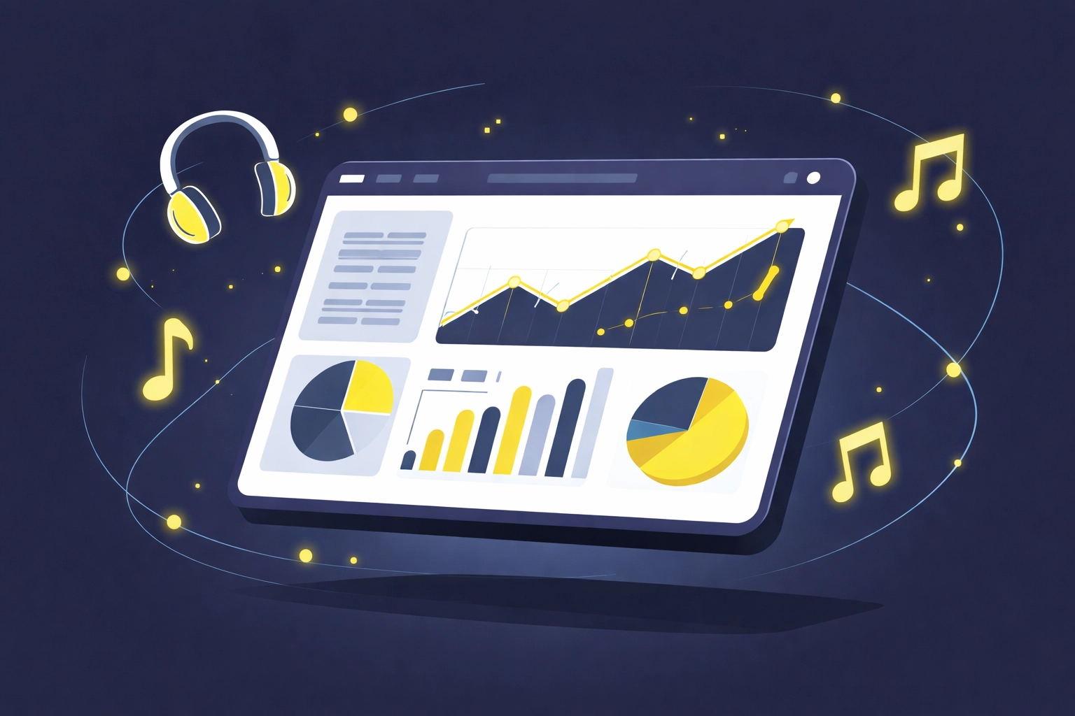 Dashboard with graphs and music icons illustrating the importance of data tracking in Spotify promotion.