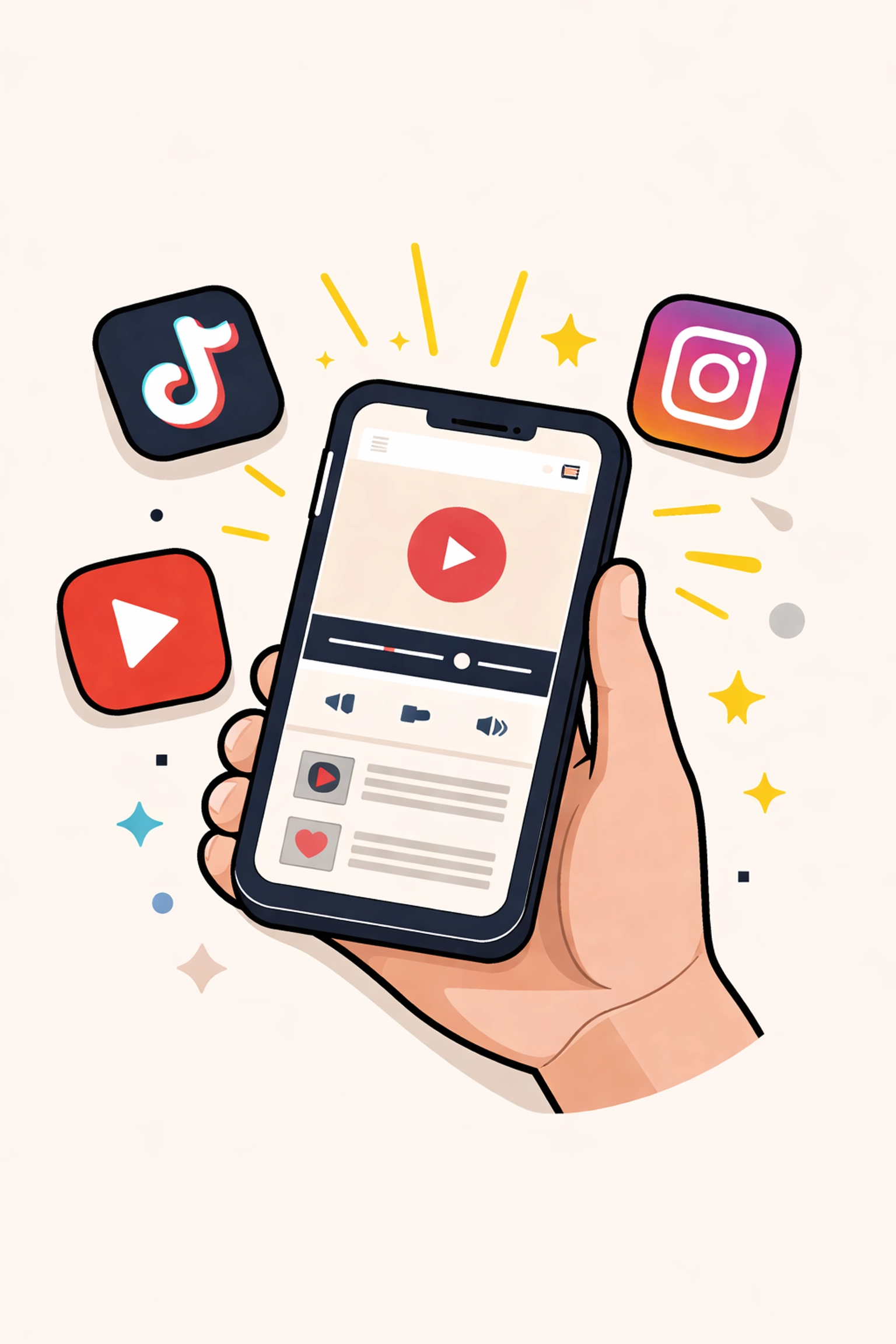 Illustration of a smartphone with TikTok, Instagram, and YouTube icons, featuring music marketing on social media.