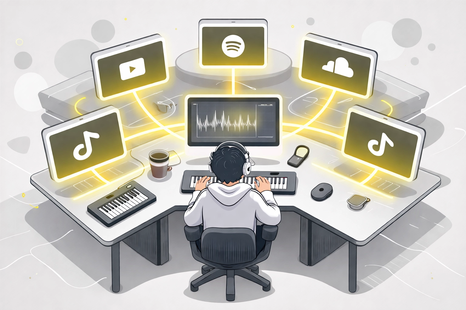 Illustration of musician using multiple digital music platforms, showing multi-channel music promotion strategy.