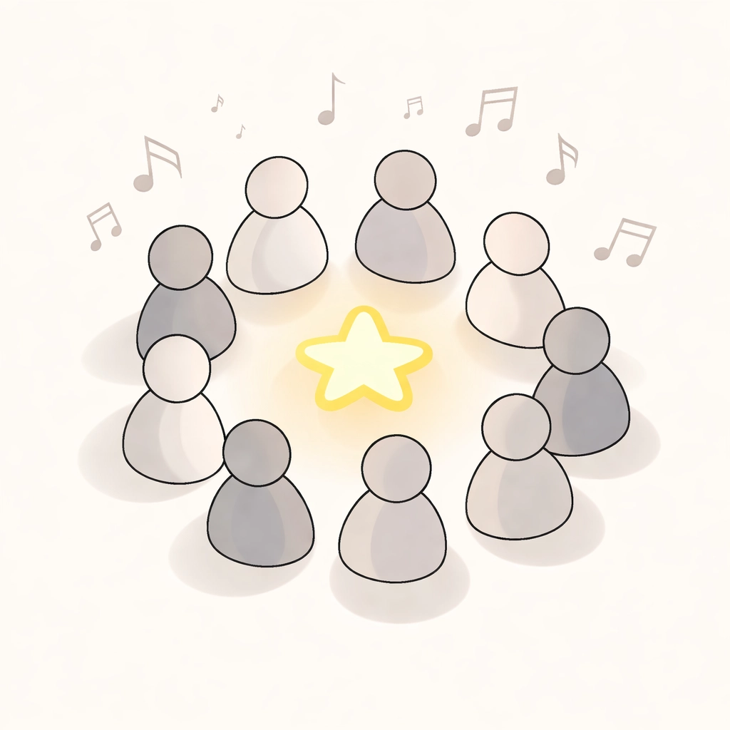 Group of figures around a glowing star, representing community-building and superfans in music promotion.