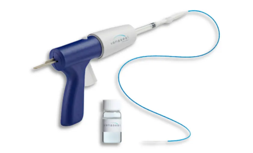 A medical device with a long, thin catheter meant to guide a medical adhesive into a diseased vein to close it off.