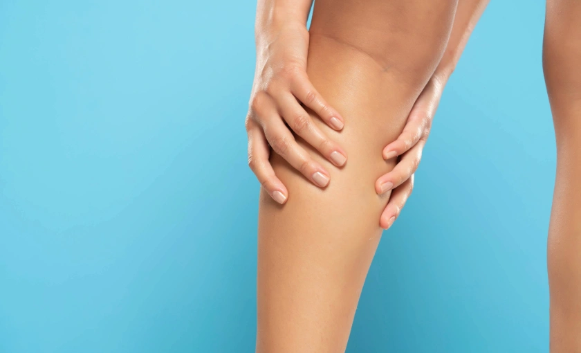 Person massaging their calf muscle while standing after experiencing a charley horse due to CVI.