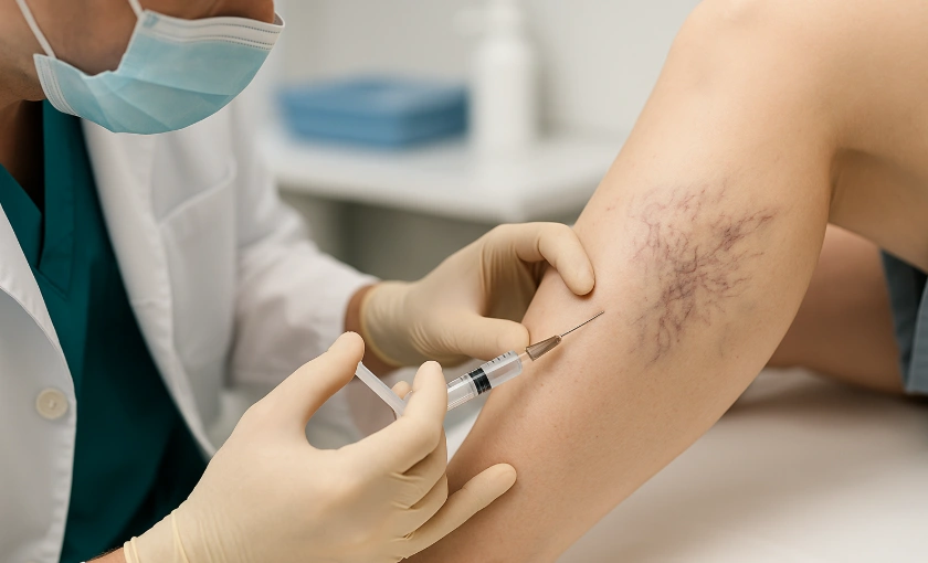 Vein specialist performing sclerotherapy injection to treat spider veins on the lower leg.