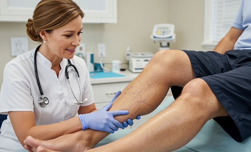 Swollen legs caused by chronic venous insufficiency being evaluated by a vein specialist.