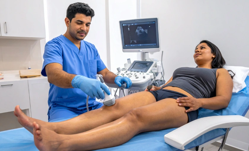 A vein specialist performing ultrasound-guided radiofrequency ablation on a patient’s leg.