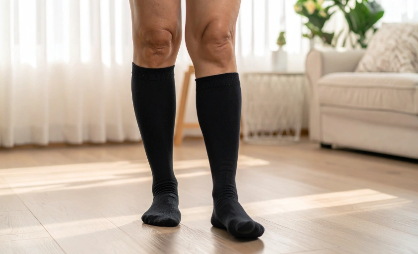 A patient wearing compression stockings and walking after sclerotherapy treatment.