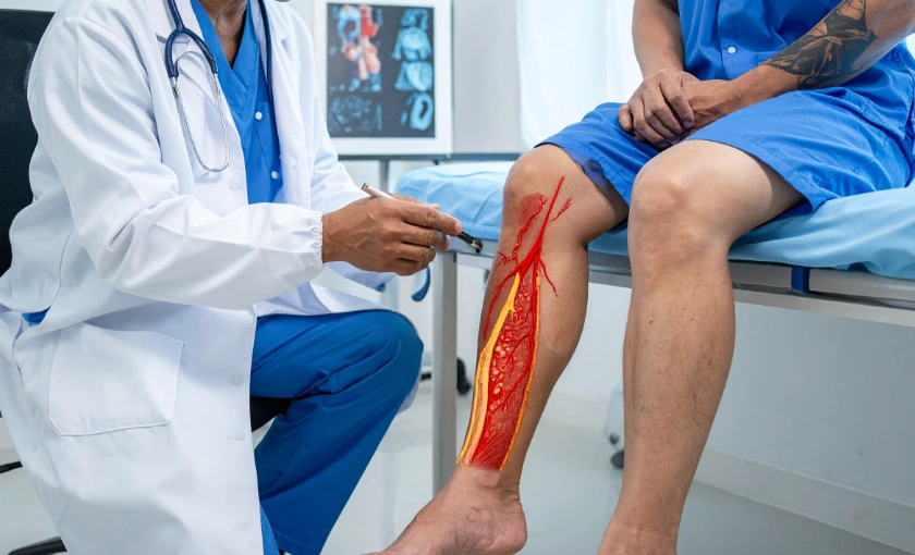 A medical illustration showing narrowed leg arteries with reduced blood flow, overlayed on top of the patient's legs, alongside a physician reviewing vascular imaging with a patient.