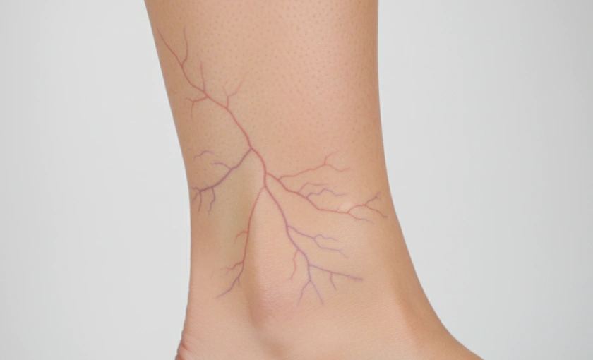 Spider veins appearing as small red and purple veins on the lower leg near the ankle