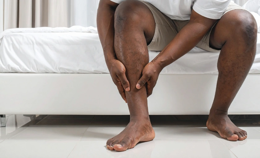 Person holding lower leg due to heaviness associated with varicose veins