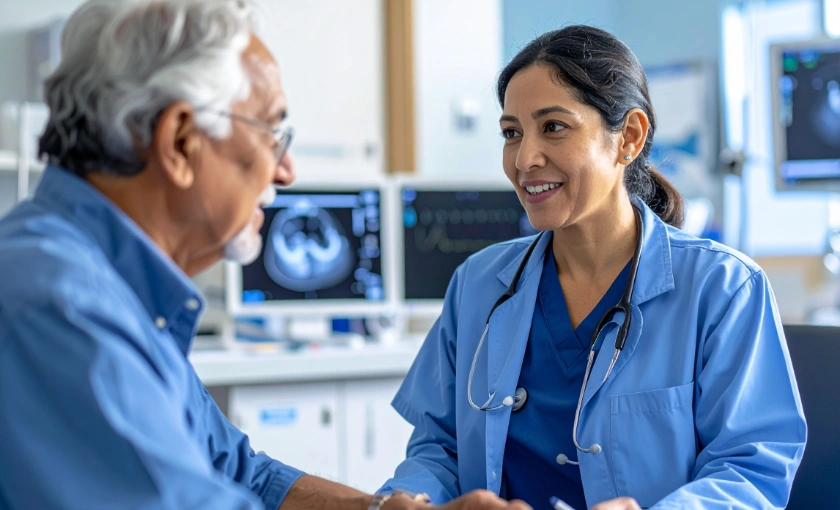 Vascular specialist reviewing dialysis access options with a patient during a consultation