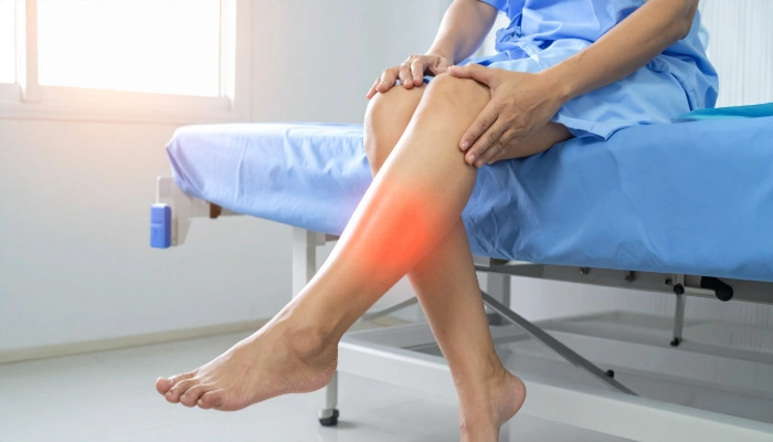 A patient sitting on an exam table with mild leg swelling.