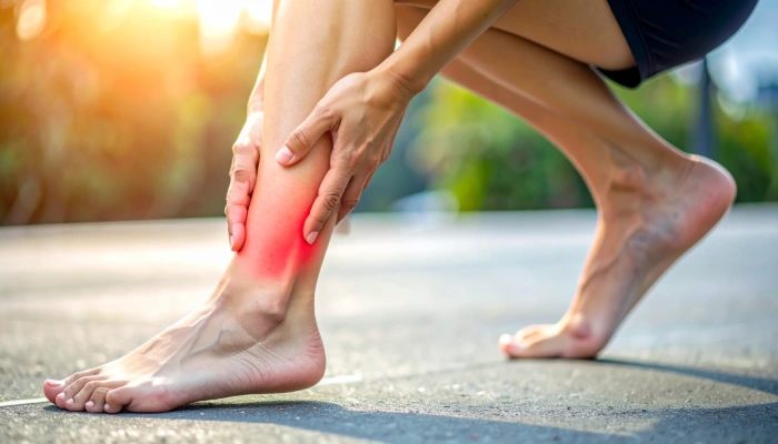Person experiencing a calf muscle cramp, a common symptom linked to circulation issues.
