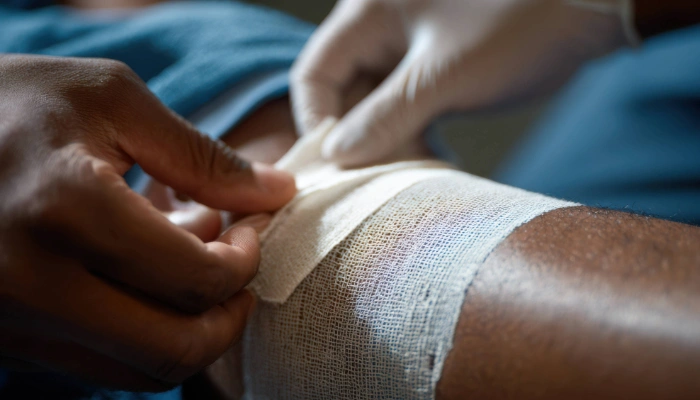 Nurse securing a fresh bandage on a leg ulcer