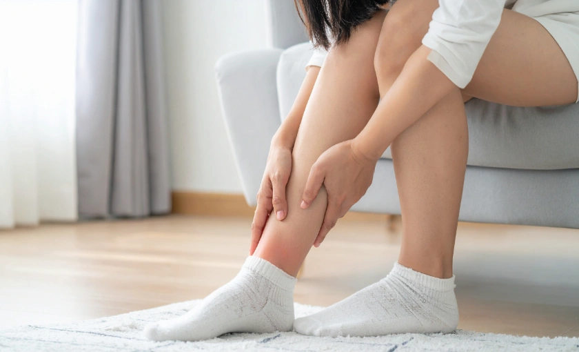 Person rubbing tired, heavy legs with mild ankle swelling, a common symptom associated with circulation and vein problems.
