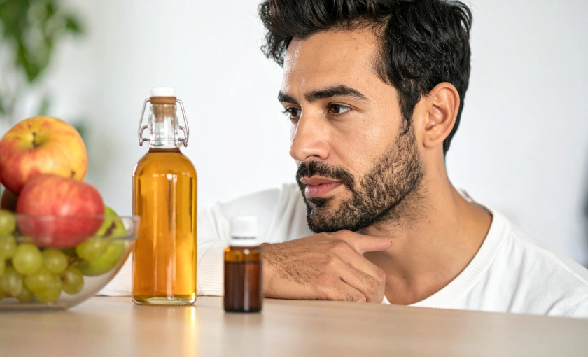 Person considering apple cider vinegar and healthy foods as possible natural remedies for varicose veins.