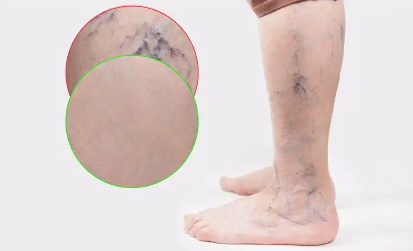 Visible varicose veins on the lower legs caused by venous insufficiency and increased vein pressure.