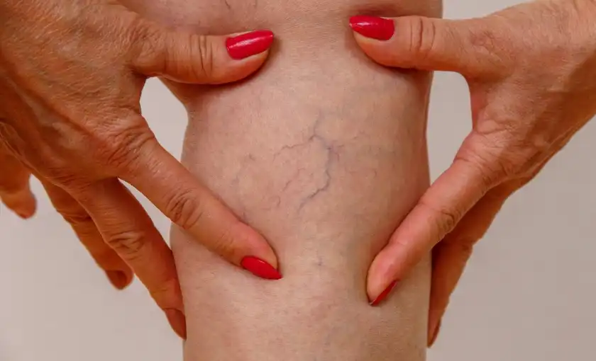 A woman examining a visible blue vein on her leg
