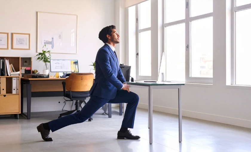 Male office worker doing a lunge stretch beside his desk during a work break