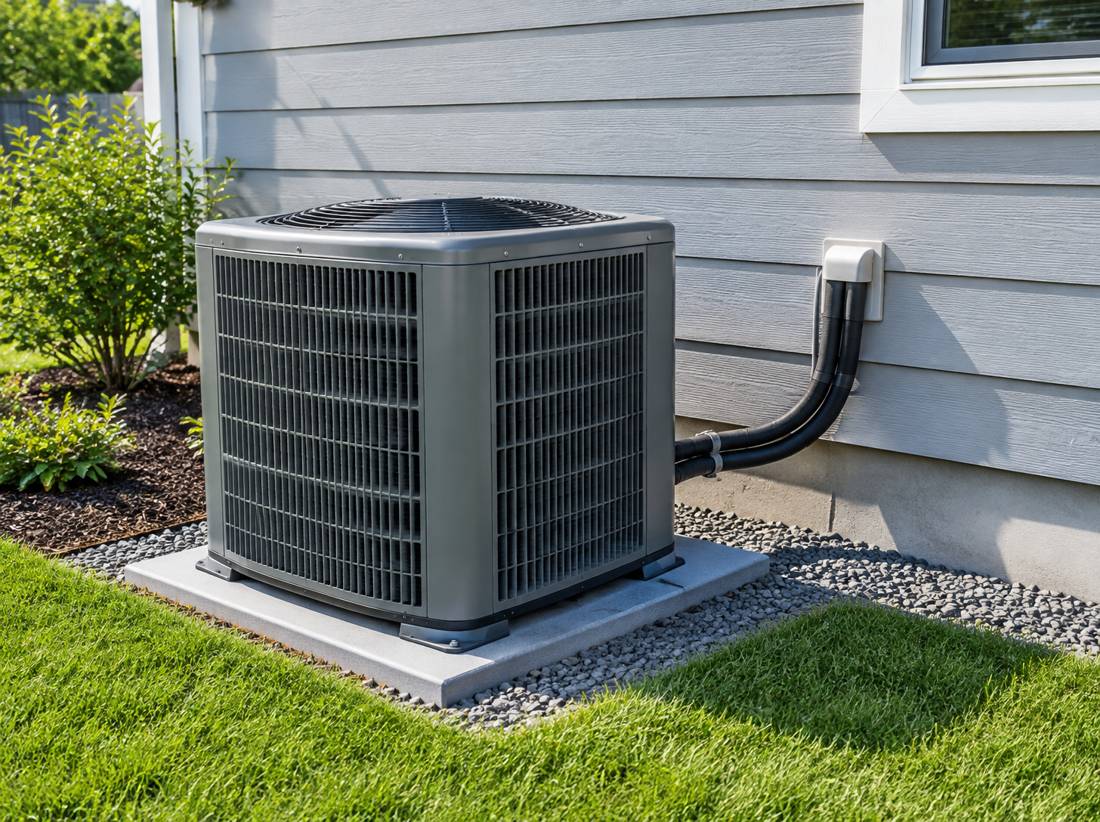 Heat pump outdoor unit beside a home