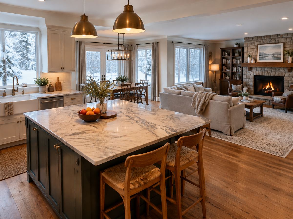 Warm, comfortable kitchen and living room on a snowy day