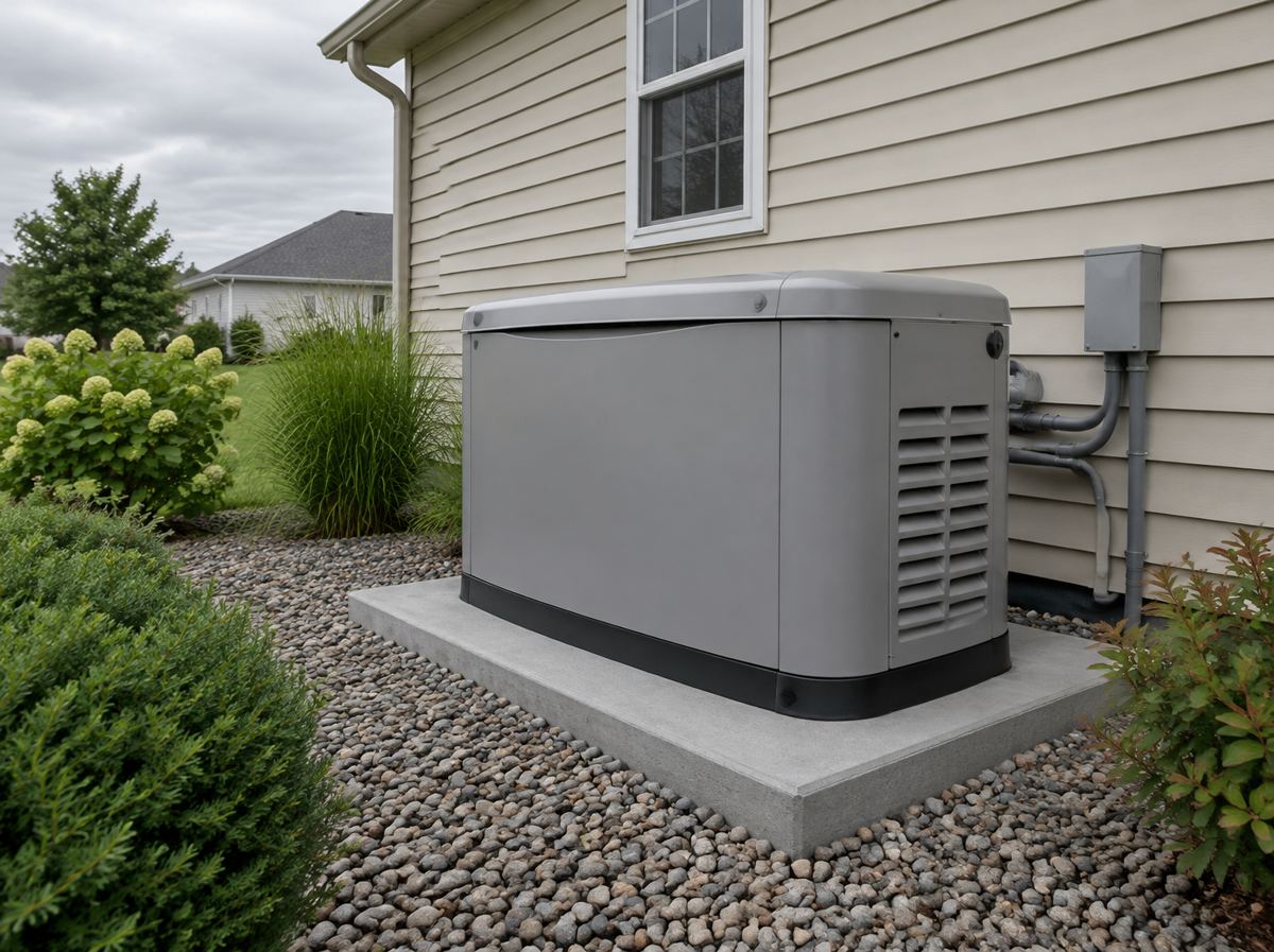 Standby generator on a concrete pad beside a home
