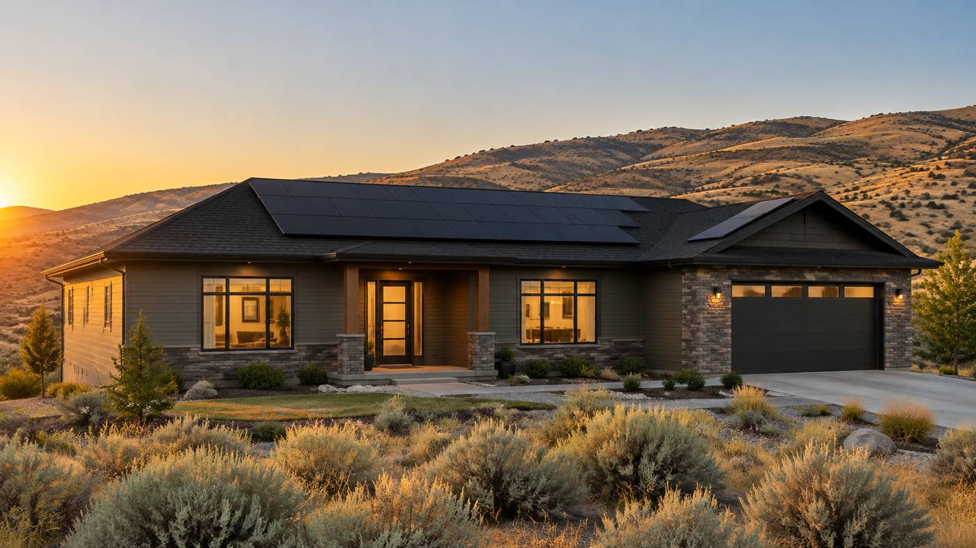 Home with rooftop solar panels at sunset in the Eastern Washington hills