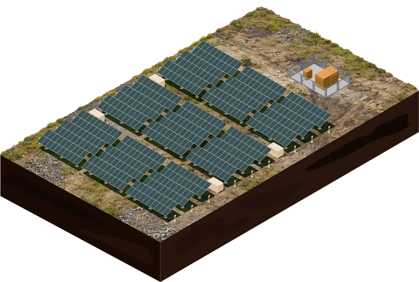 Diagram of a floating solar array on a reservoir