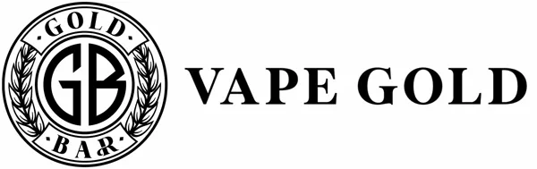 Circle emblem with stylized initials GB surrounded by laurel branches and text 'GOLD BAR', next to the words VAPE GOLD.
