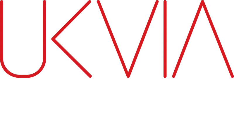 Logo with red stylized letters spelling UKVIA on a black background.