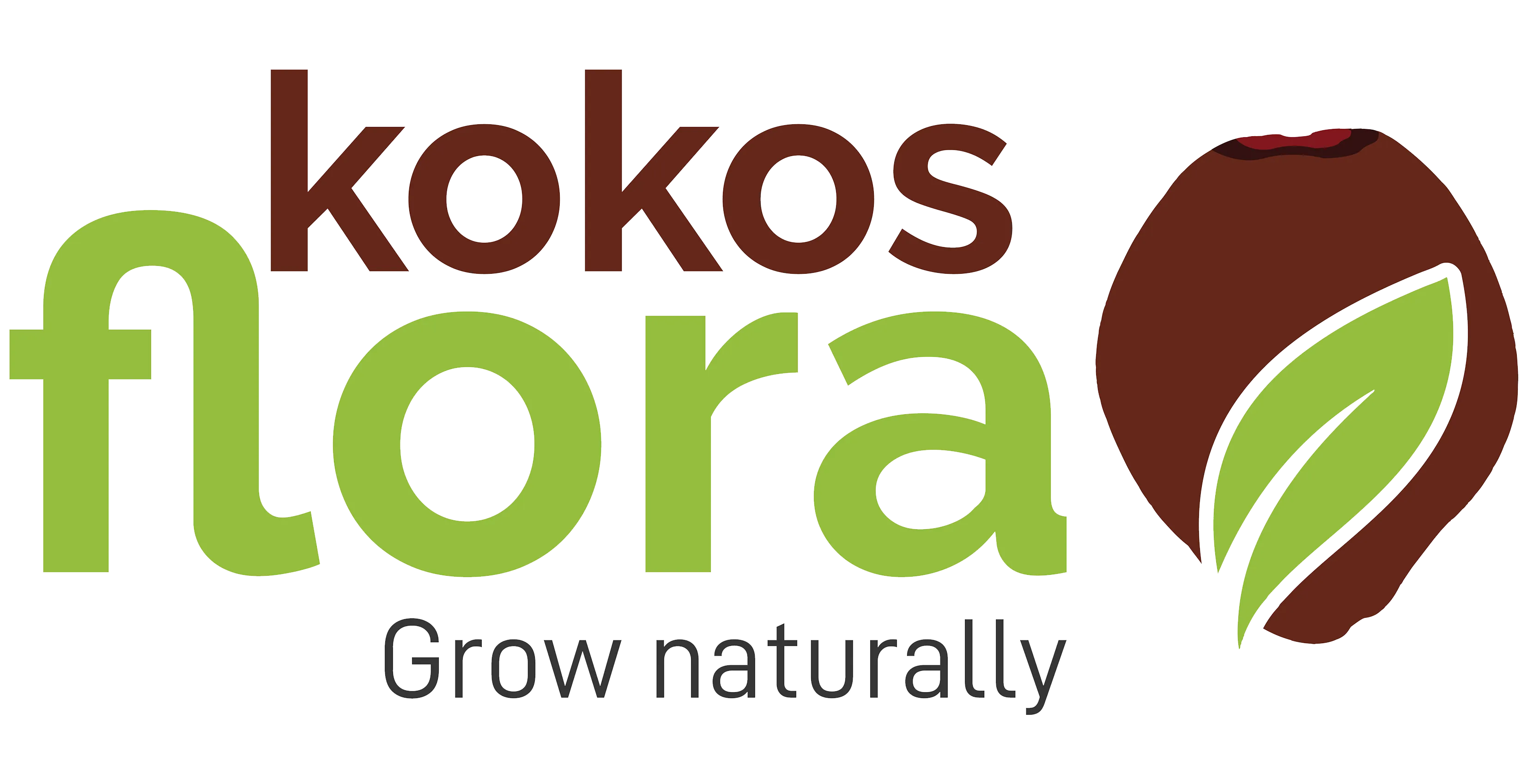 Kokosflora logo with brown and green text and a coconut graphic featuring a green leaf, with the tagline Grow naturally.