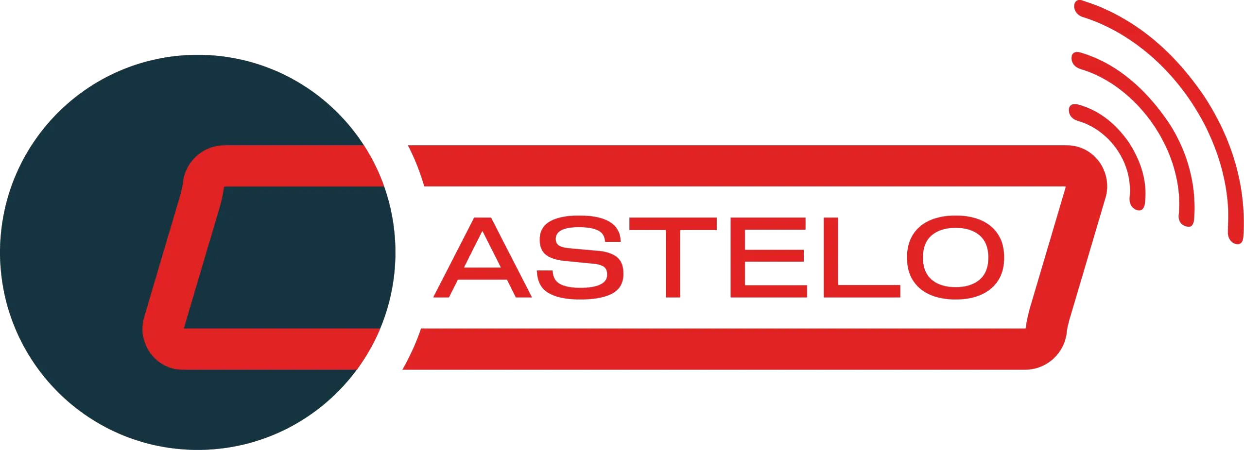 Castelo logo with a stylized red letter C integrated into a dark blue circle, and red wireless signal lines on the upper right.